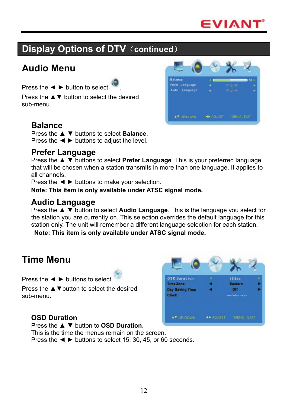 Display options of dtv, Audio menu, Time menu | Continued, Balance, Prefer language, Audio language | Eviant T7UC Series User Manual | Page 13 / 20