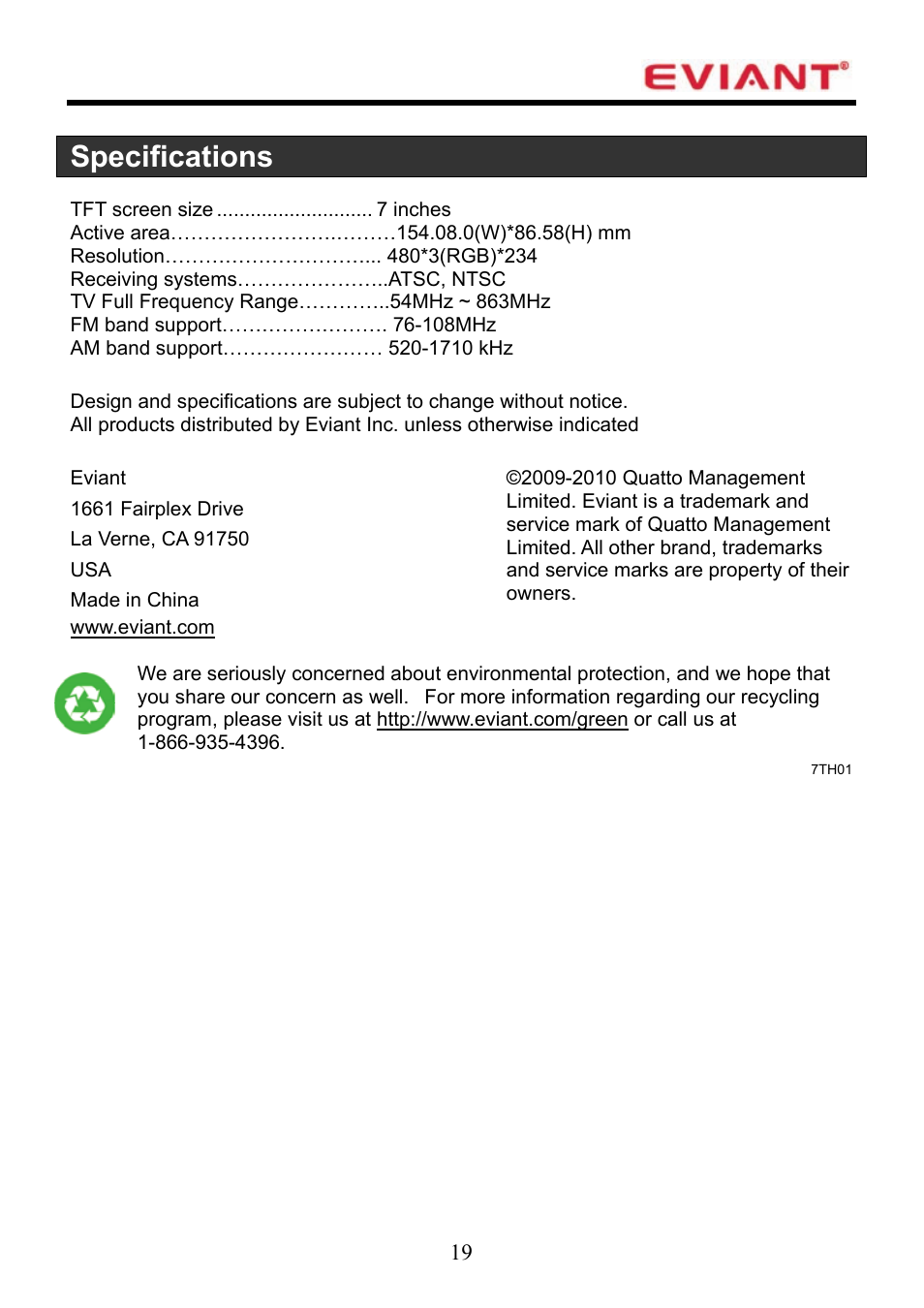 Specifications | Eviant T7UC Series User Manual | Page 20 / 20