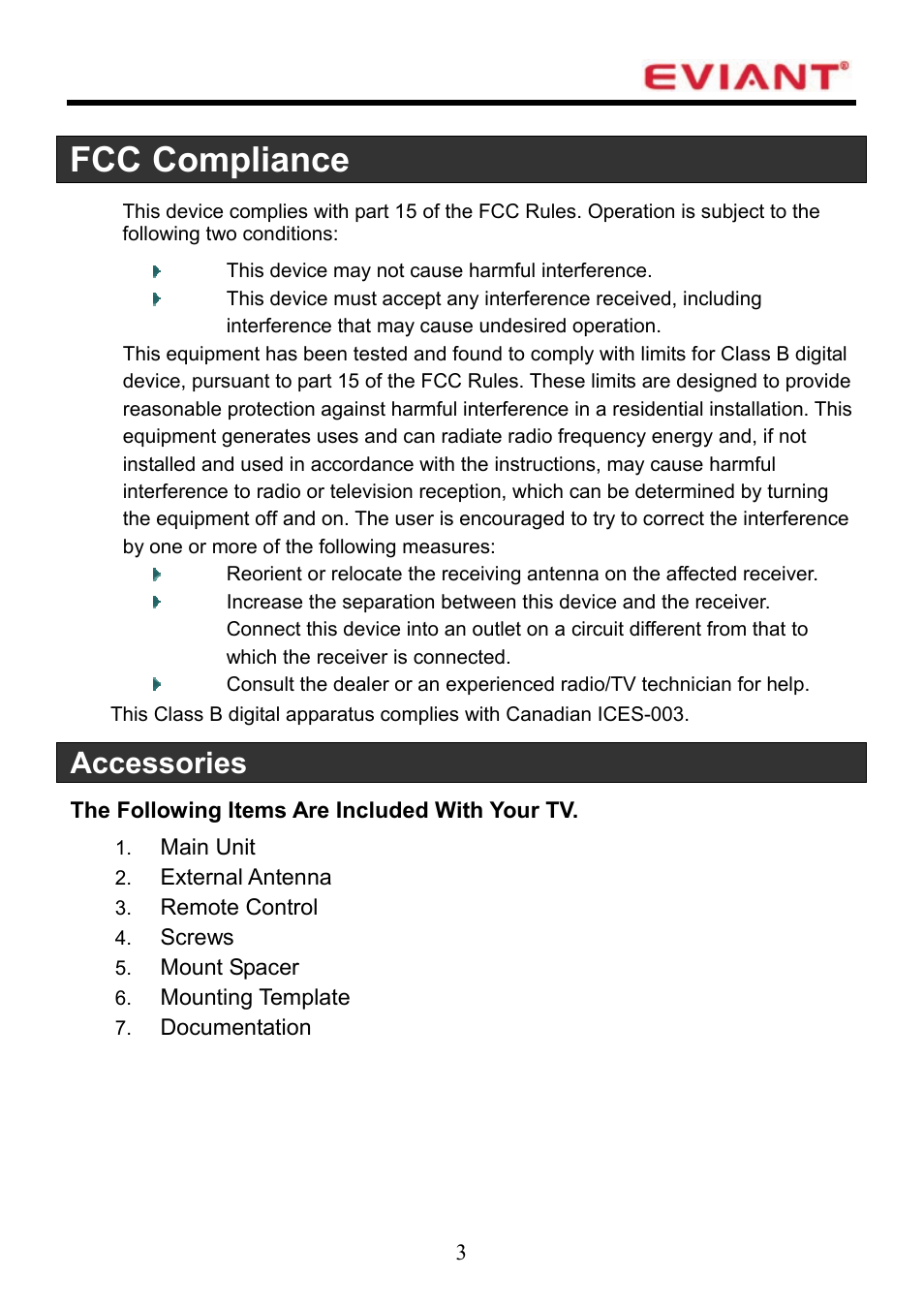 Fcc compliance, Accessories | Eviant T7UC Series User Manual | Page 4 / 20