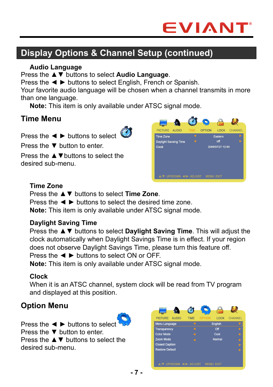 Display options & channel setup (continued), Time menu, Option menu | Eviant T10 Series User Manual | Page 12 / 18