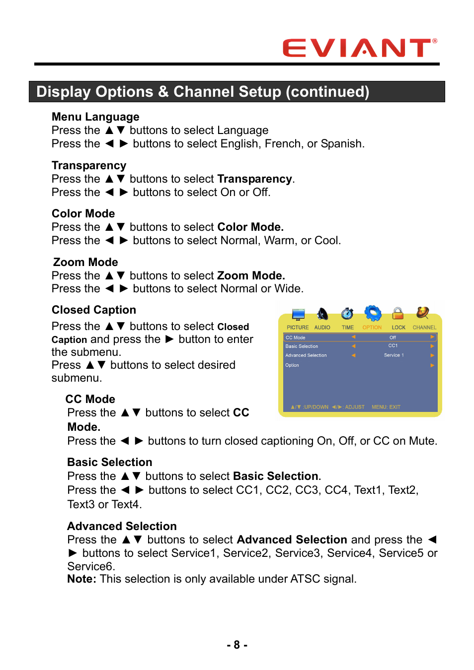 Display options & channel setup (continued) | Eviant T10 Series User Manual | Page 13 / 18