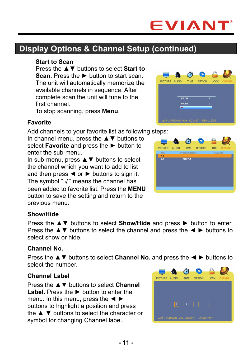 Display options & channel setup (continued) | Eviant T10 Series User Manual | Page 16 / 18