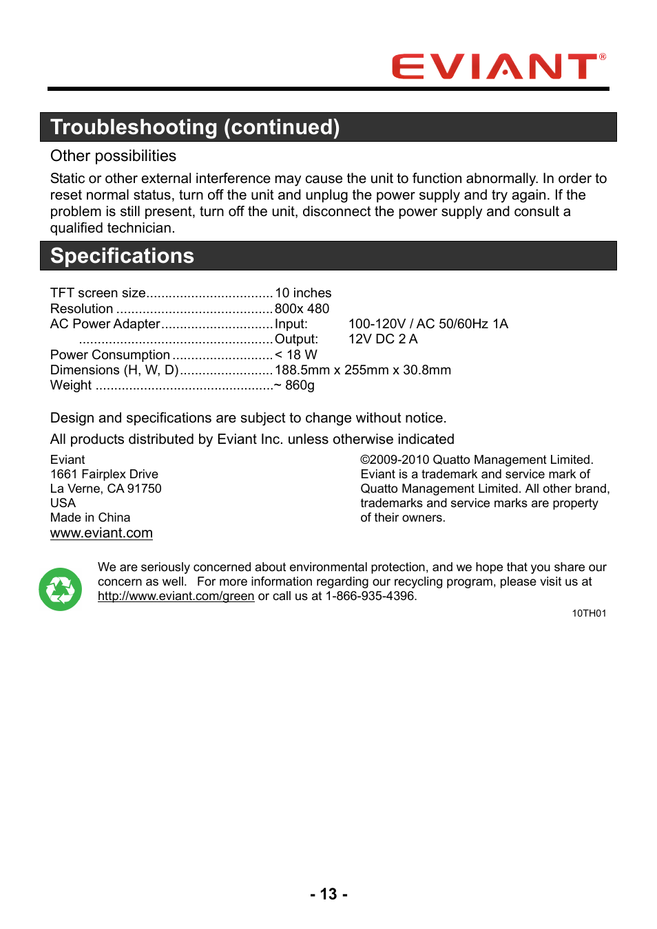 Troubleshooting (continued), Specifications | Eviant T10 Series User Manual | Page 18 / 18