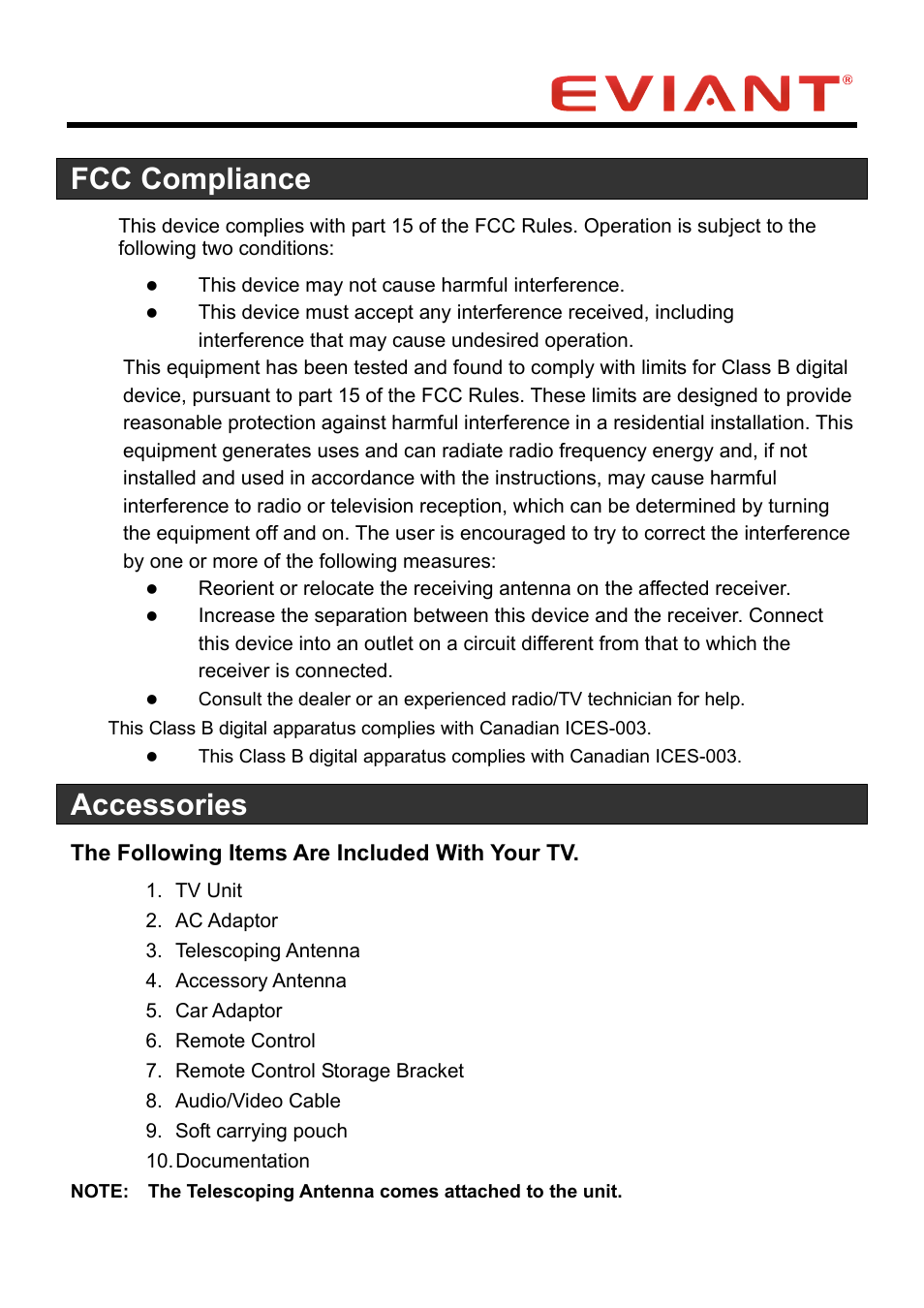 Fcc compliance, Accessories, The following items are included with your tv | Eviant T10 Series User Manual | Page 4 / 18