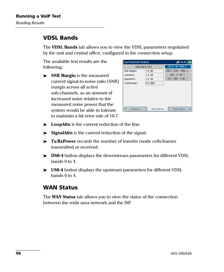 Vdsl bands, Wan status | EXFO VDSL2 User Manual | Page 102 / 124