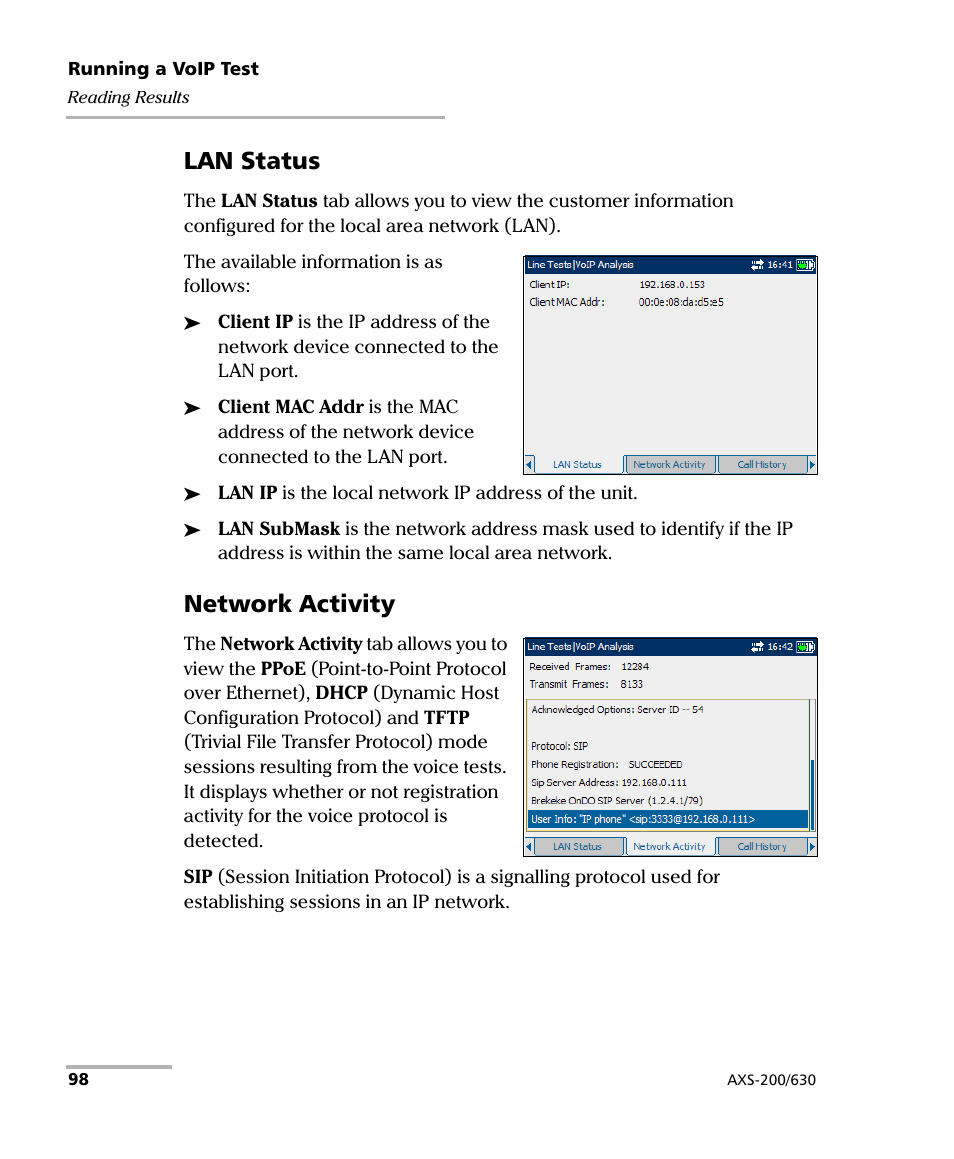 Lan status, Network activity | EXFO VDSL2 User Manual | Page 104 / 124