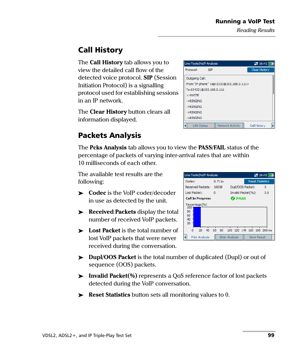 Call history, Packets analysis | EXFO VDSL2 User Manual | Page 105 / 124