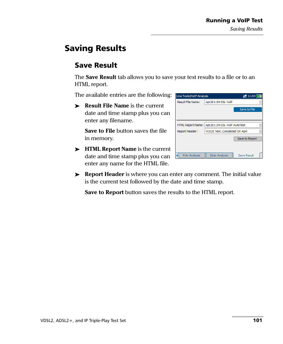 Saving results, Save result | EXFO VDSL2 User Manual | Page 107 / 124