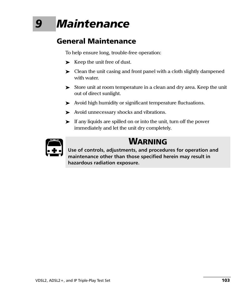 9 maintenance, General maintenance, 9maintenance | Arning | EXFO VDSL2 User Manual | Page 109 / 124