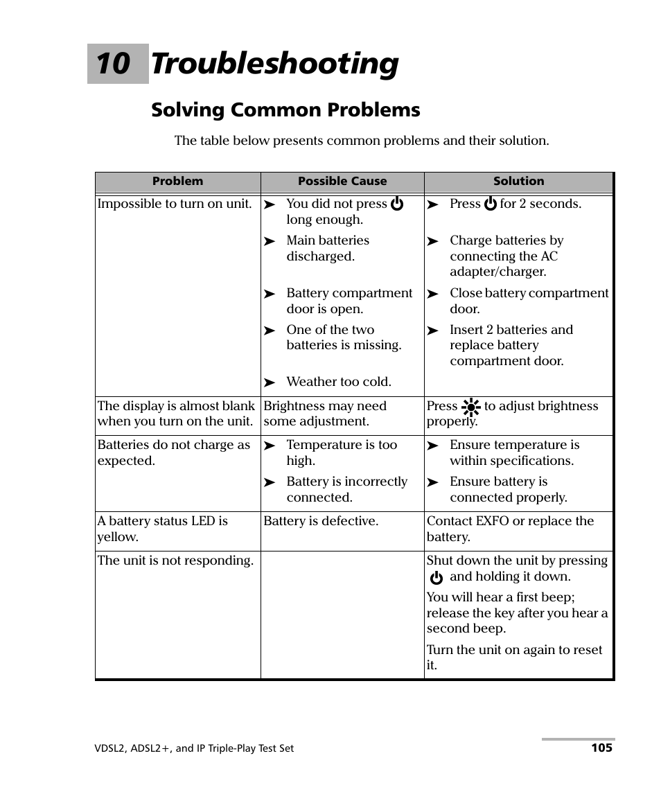 10 troubleshooting, Solving common problems | EXFO VDSL2 User Manual | Page 111 / 124