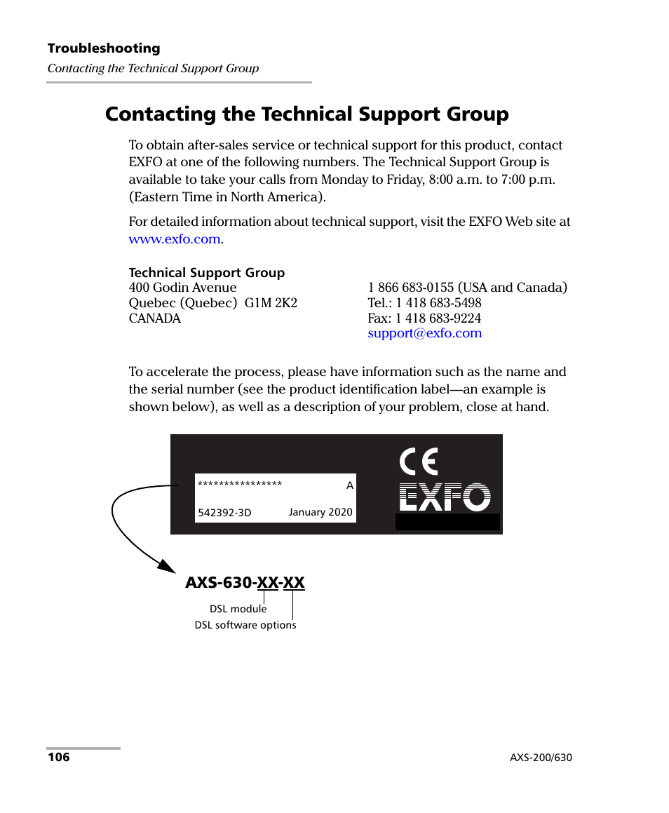 Contacting the technical support group, Axs-630-xx-xx | EXFO VDSL2 User Manual | Page 112 / 124