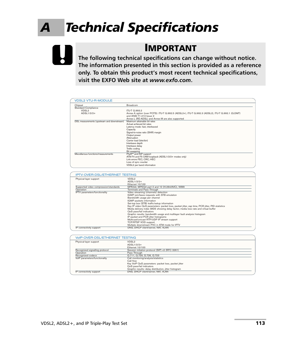 A technical specifications, Mportant, Vdsl2, adsl2+, and ip triple-play test set | EXFO VDSL2 User Manual | Page 119 / 124