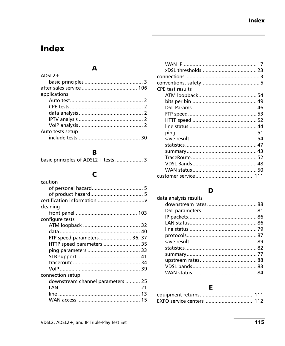 Index | EXFO VDSL2 User Manual | Page 121 / 124