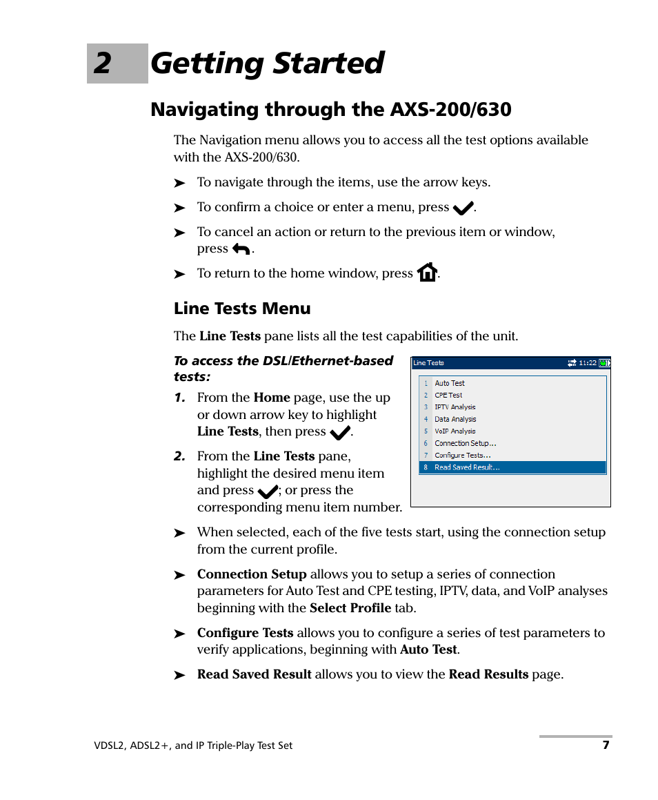 2 getting started, Navigating through the axs-200/630, 2getting started | Line tests menu | EXFO VDSL2 User Manual | Page 13 / 124