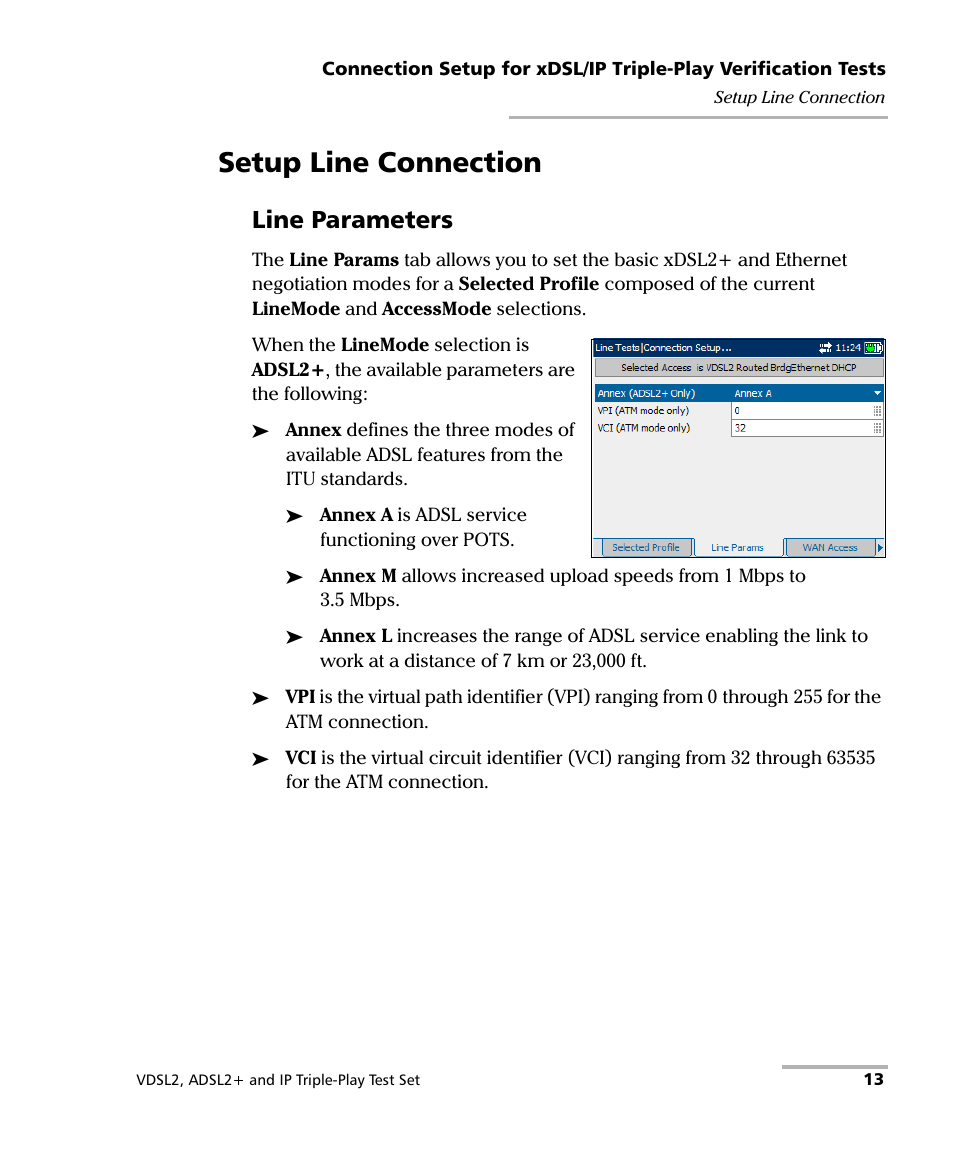 Setup line connection, Line parameters | EXFO VDSL2 User Manual | Page 19 / 124