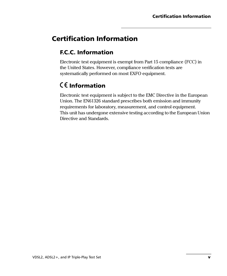 Certification information, F.c.c. information, Information | EXFO VDSL2 User Manual | Page 5 / 124