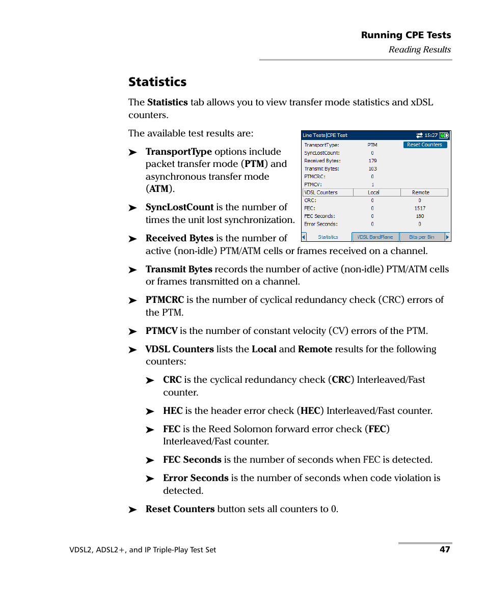 Statistics | EXFO VDSL2 User Manual | Page 53 / 124