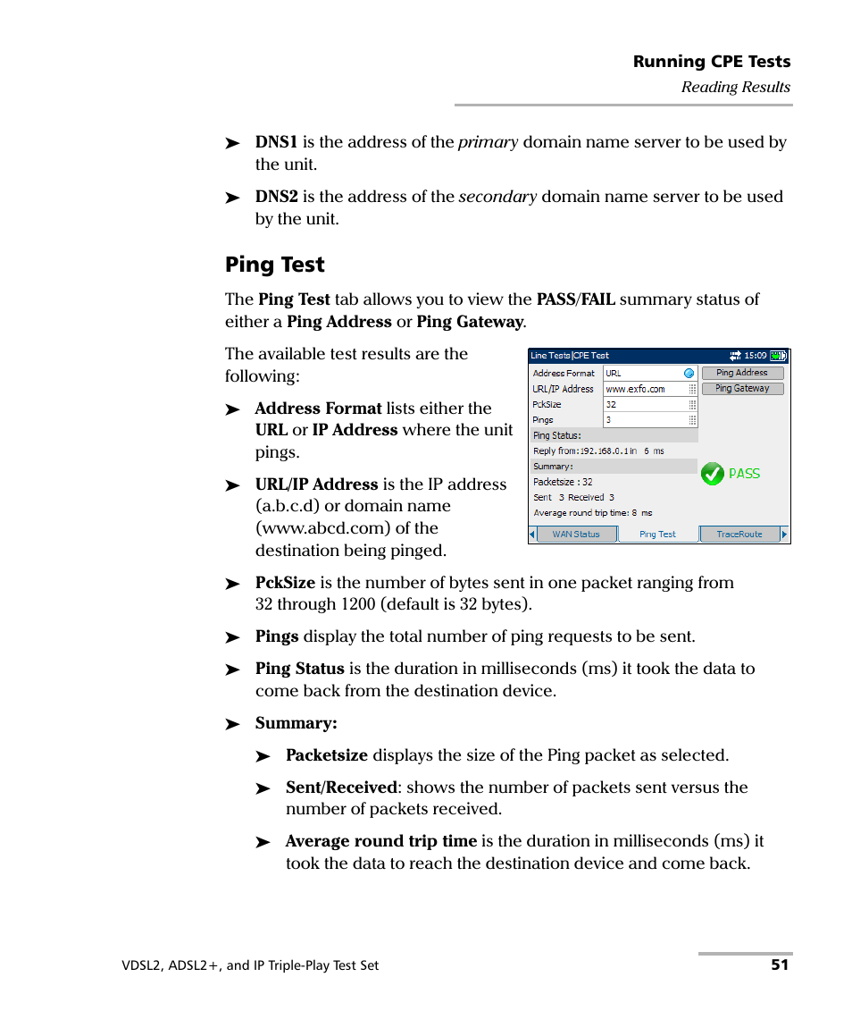 Ping test | EXFO VDSL2 User Manual | Page 57 / 124