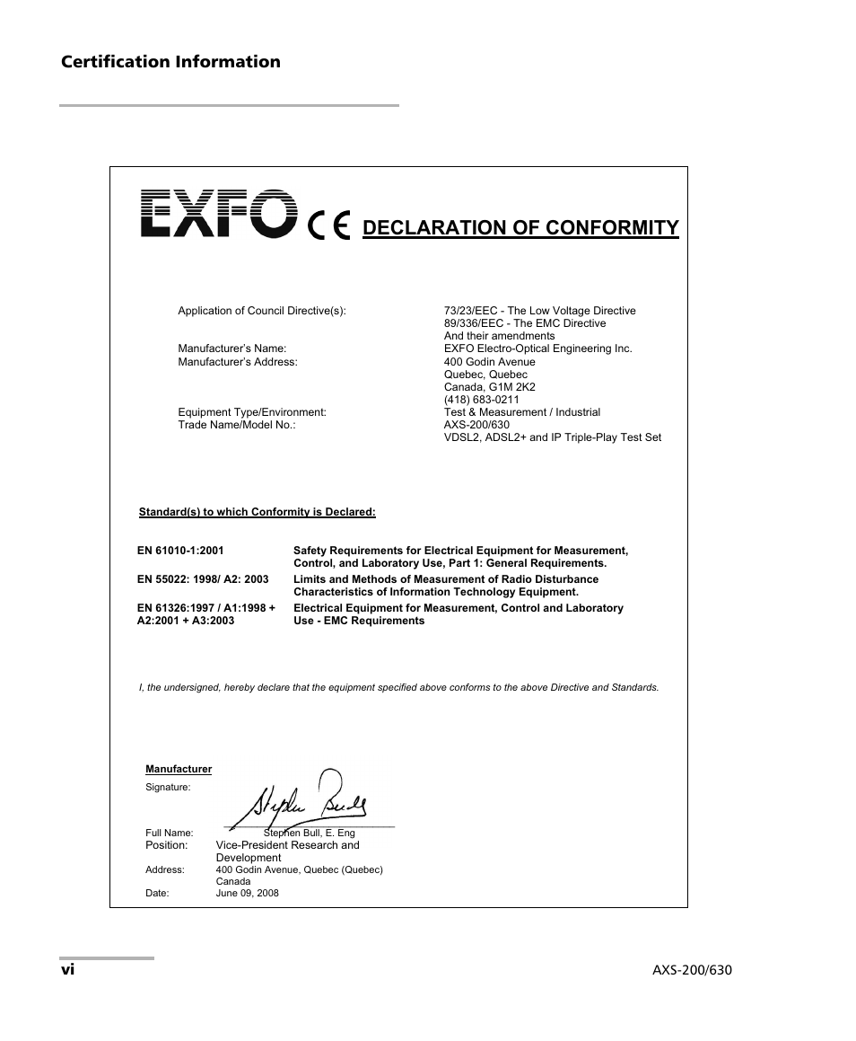 Declaration of conformity, Certification information | EXFO VDSL2 User Manual | Page 6 / 124