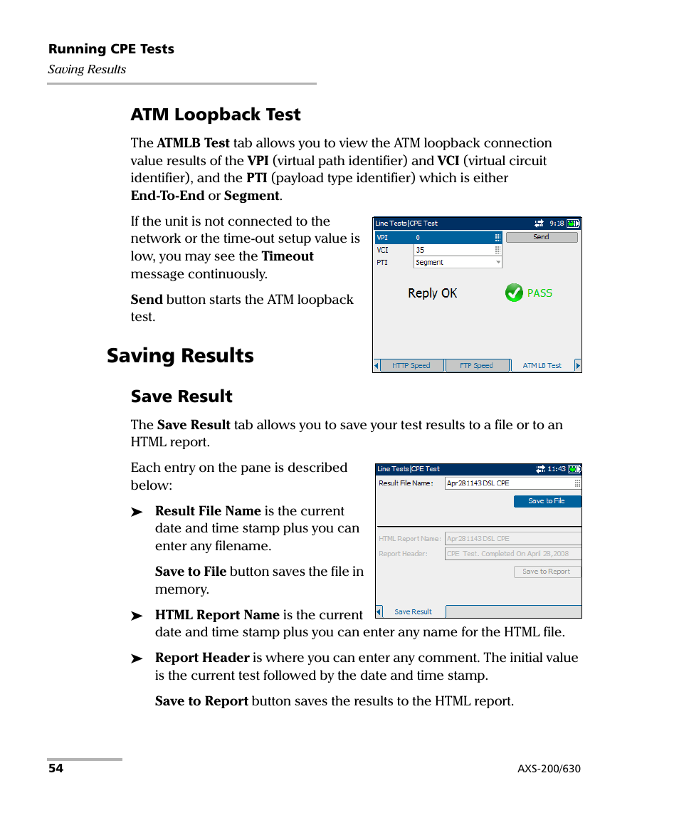 Saving results, Atm loopback test, Save result | EXFO VDSL2 User Manual | Page 60 / 124