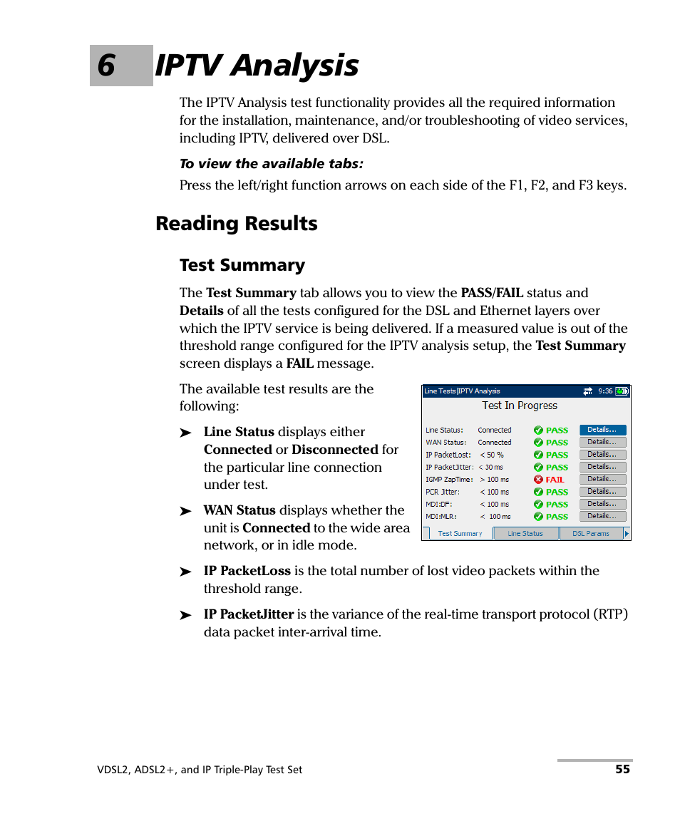 6 iptv analysis, Reading results, 6iptv analysis | EXFO VDSL2 User Manual | Page 61 / 124