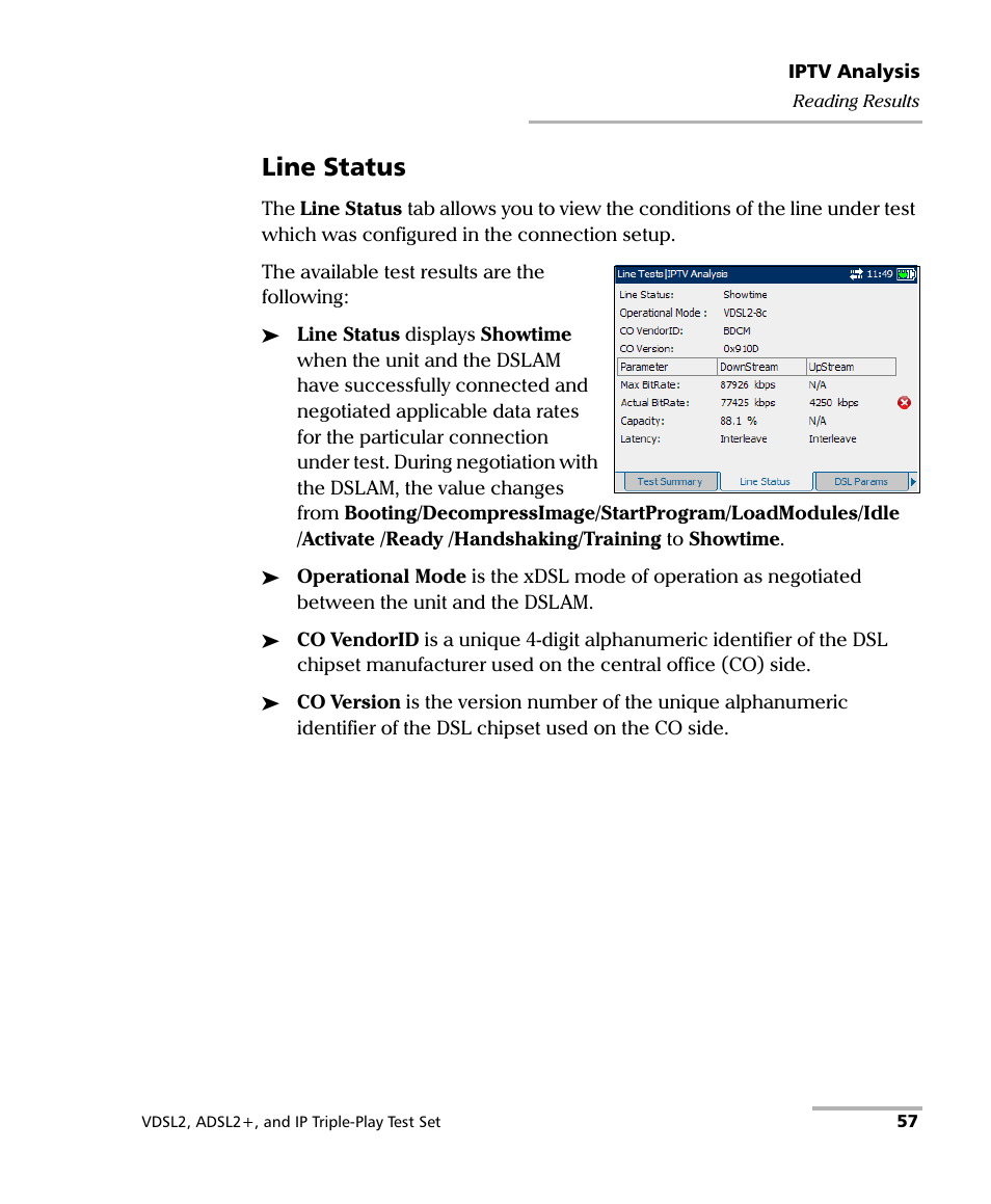 Line status | EXFO VDSL2 User Manual | Page 63 / 124