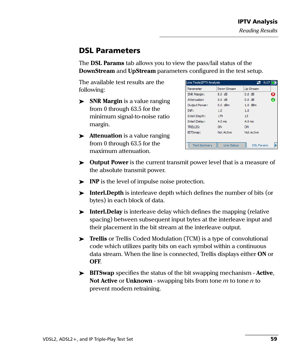 Dsl parameters | EXFO VDSL2 User Manual | Page 65 / 124