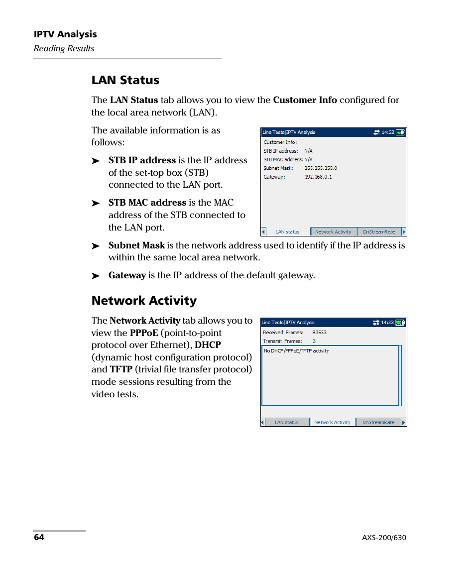 Lan status, Network activity | EXFO VDSL2 User Manual | Page 70 / 124