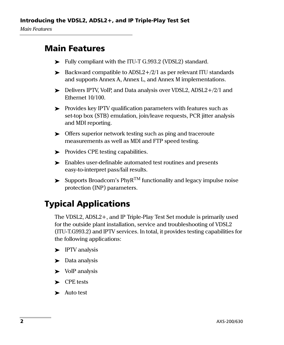Main features, Typical applications, Main features typical applications | EXFO VDSL2 User Manual | Page 8 / 124