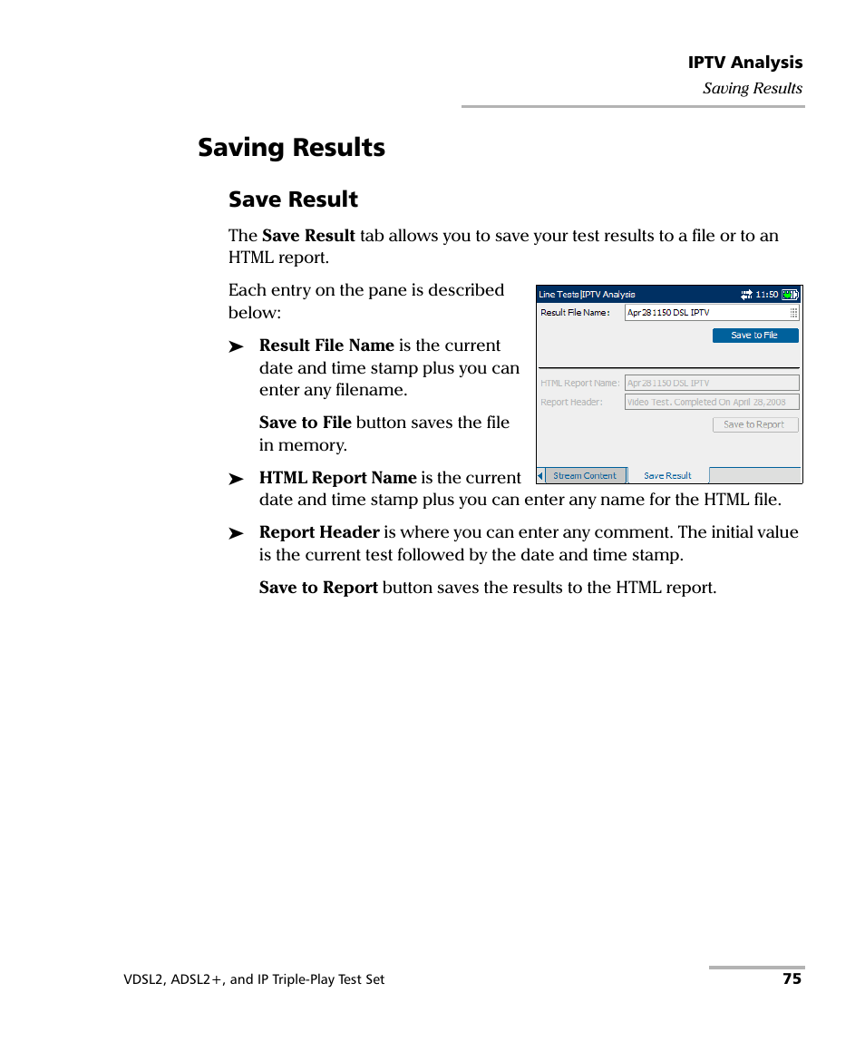Saving results, Save result | EXFO VDSL2 User Manual | Page 81 / 124