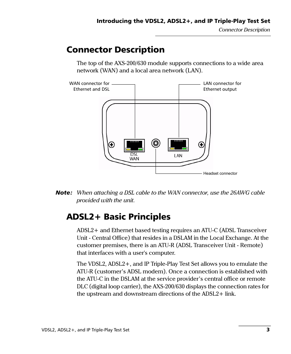 Connector description, Adsl2+ basic principles, Connector description adsl2+ basic principles | EXFO VDSL2 User Manual | Page 9 / 124