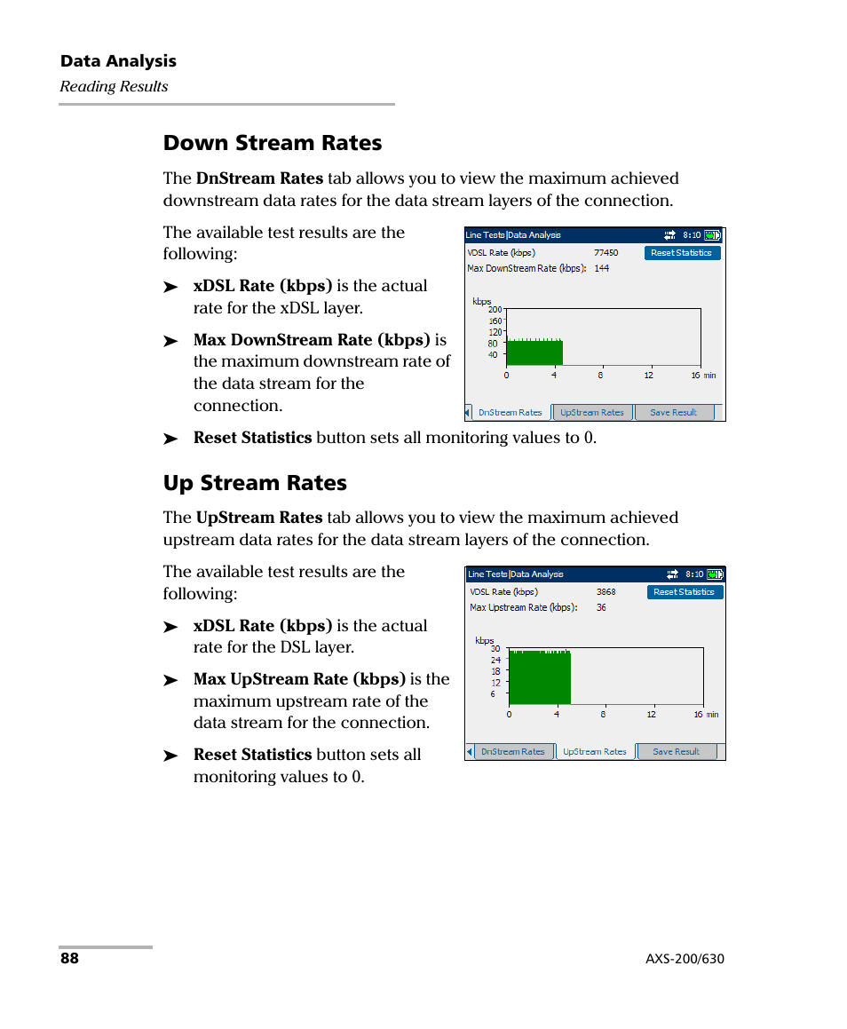 Down stream rates, Up stream rates | EXFO VDSL2 User Manual | Page 94 / 124