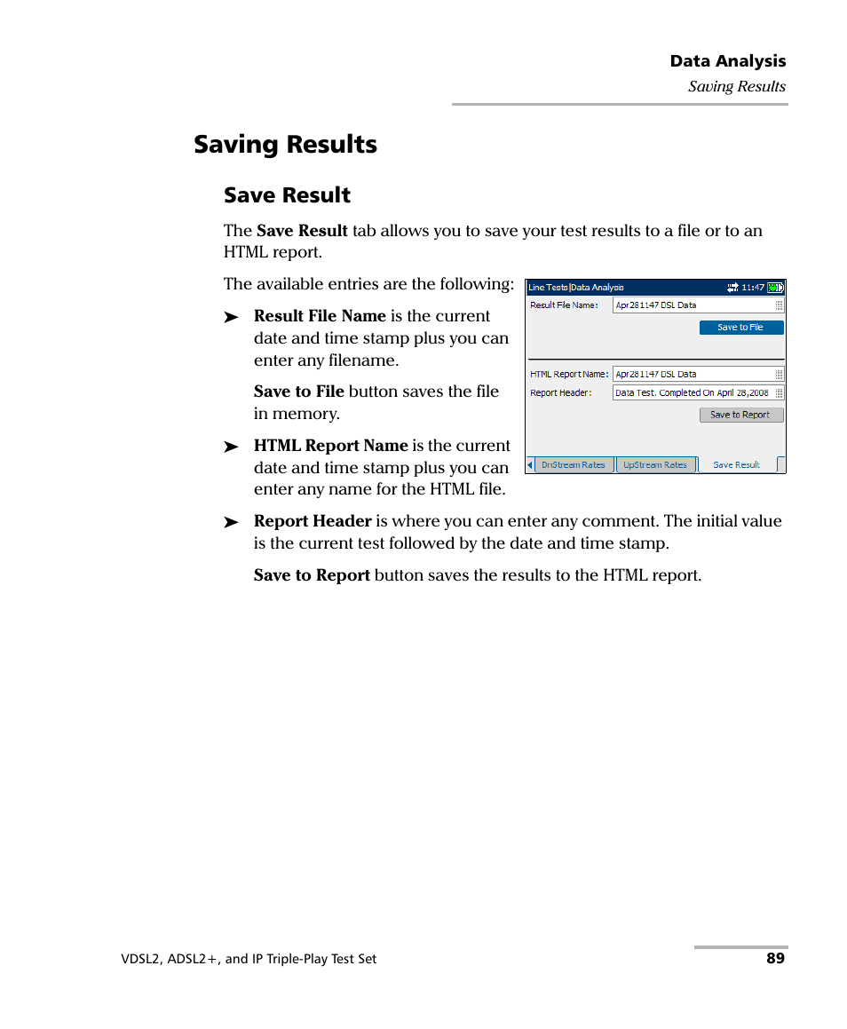 Saving results, Save result | EXFO VDSL2 User Manual | Page 95 / 124