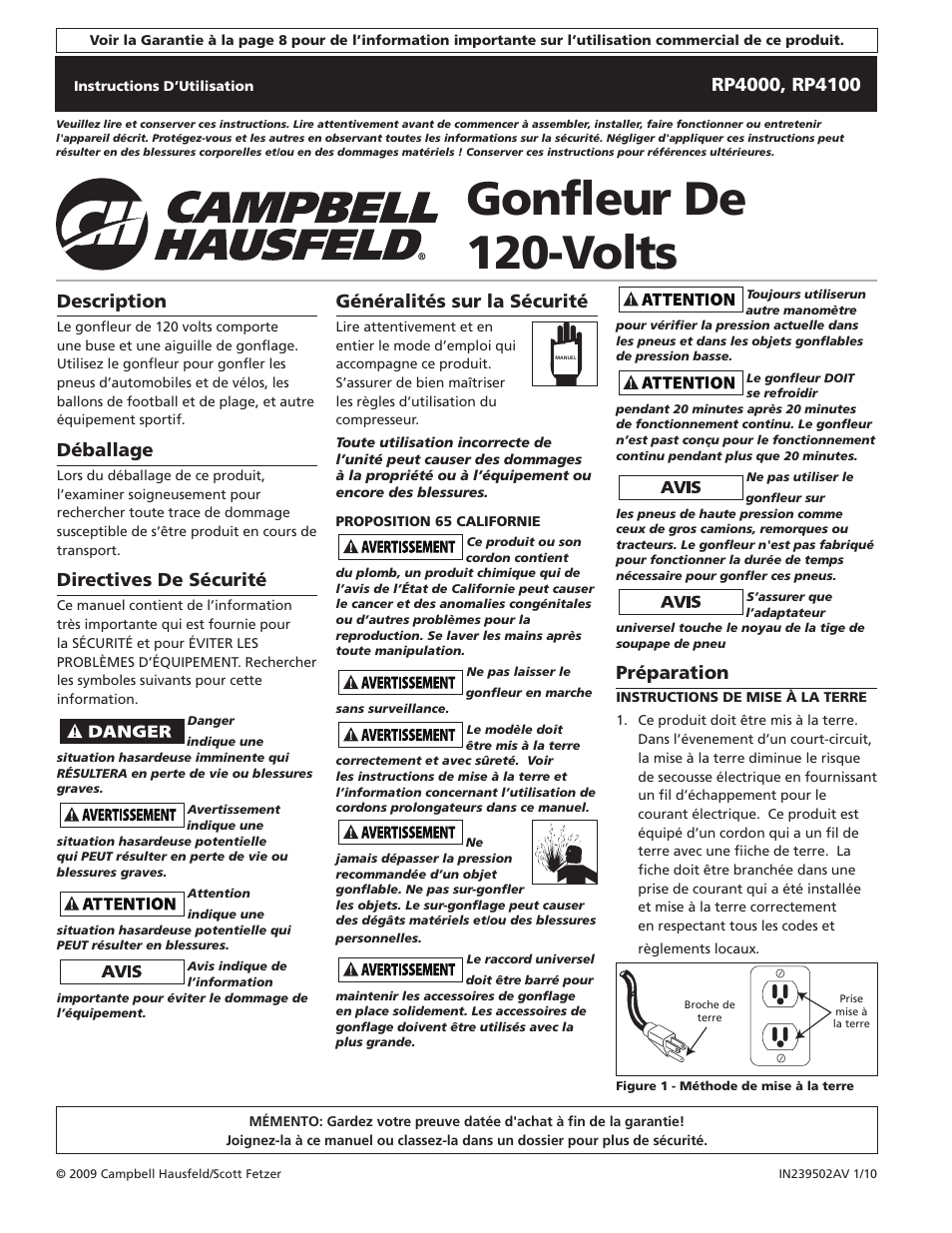 Gonfleur de 120-volts, Description, Déballage | Directives de sécurité, Préparation, Généralités sur la sécurité | Campbell Hausfeld RP4100 User Manual | Page 4 / 8