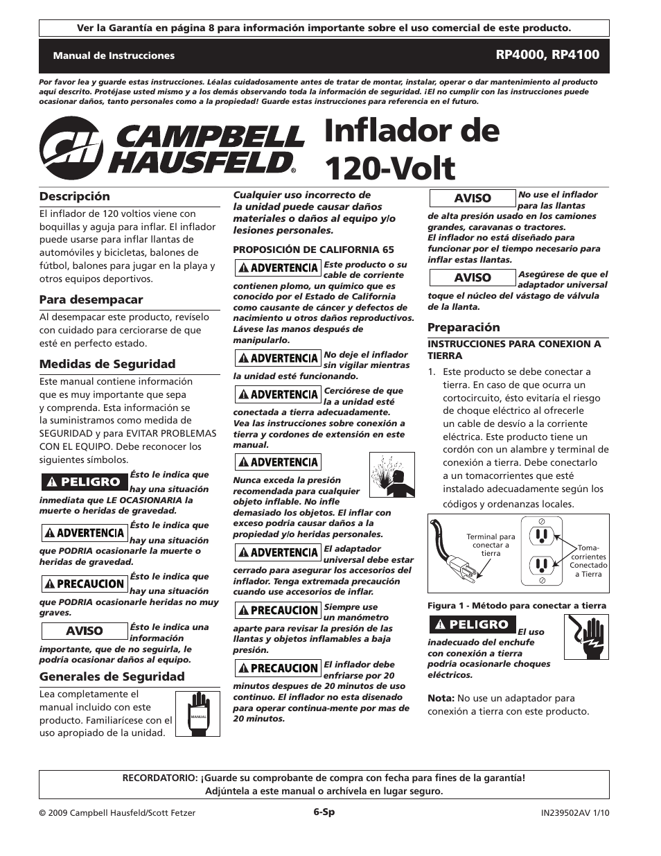 Inflador de 120-volt, Descripción, Para desempacar | Medidas de seguridad, Generales de seguridad, Preparación | Campbell Hausfeld RP4100 User Manual | Page 6 / 8