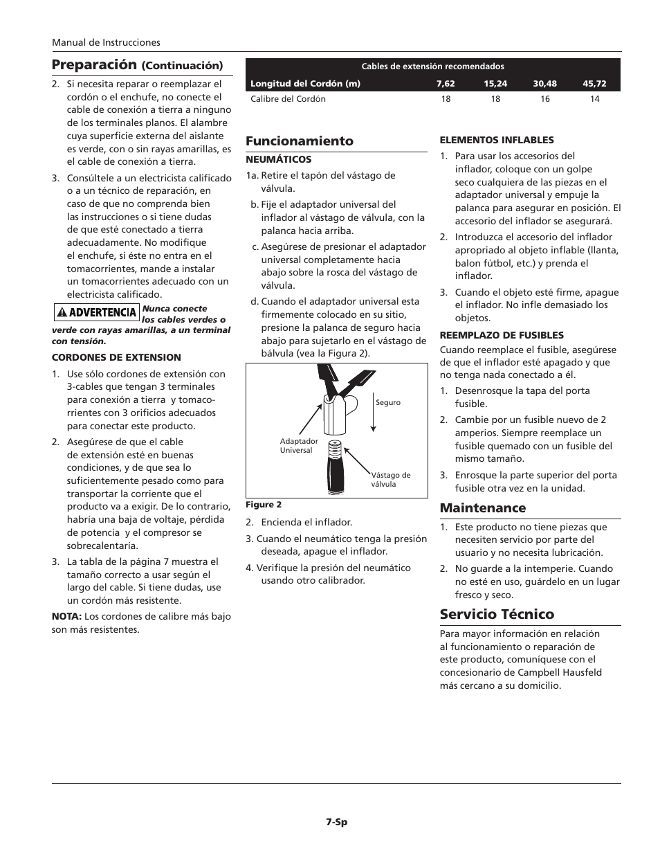 Servicio técnico, Preparación, Maintenance | Funcionamiento | Campbell Hausfeld RP4100 User Manual | Page 7 / 8