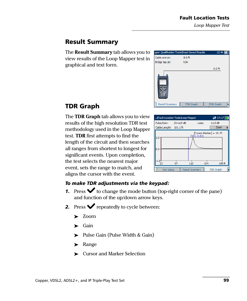 Result summary, Tdr graph | EXFO VDSL2 User Manual | Page 107 / 267