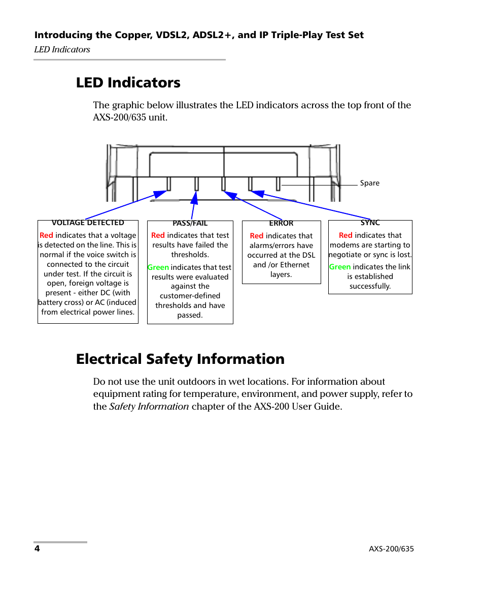 Led indicators, Electrical safety information, Led indicators electrical safety information | EXFO VDSL2 User Manual | Page 12 / 267