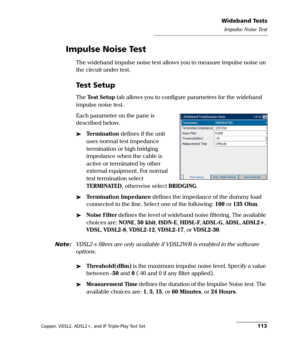 Impulse noise test, Test setup | EXFO VDSL2 User Manual | Page 121 / 267