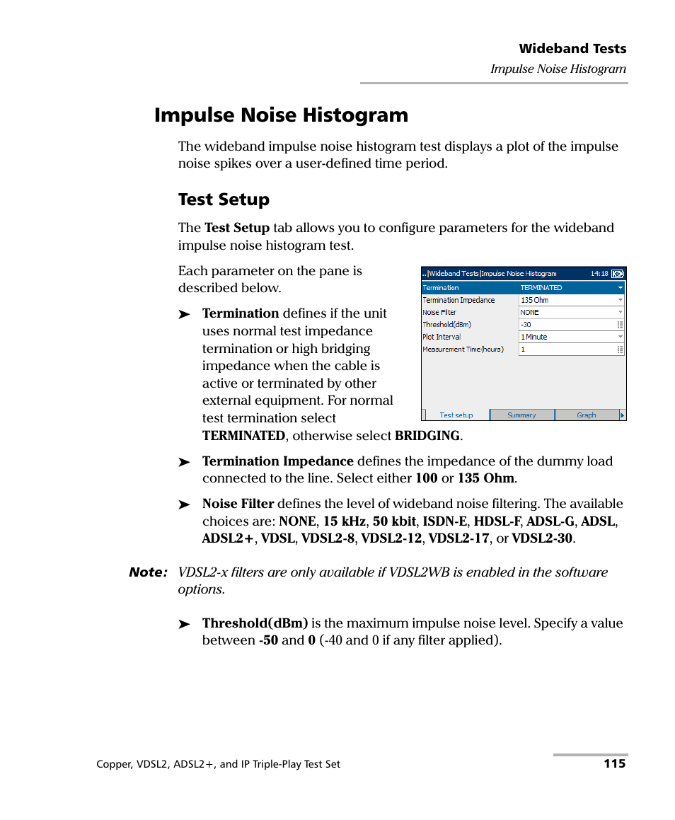 Impulse noise histogram, Test setup | EXFO VDSL2 User Manual | Page 123 / 267