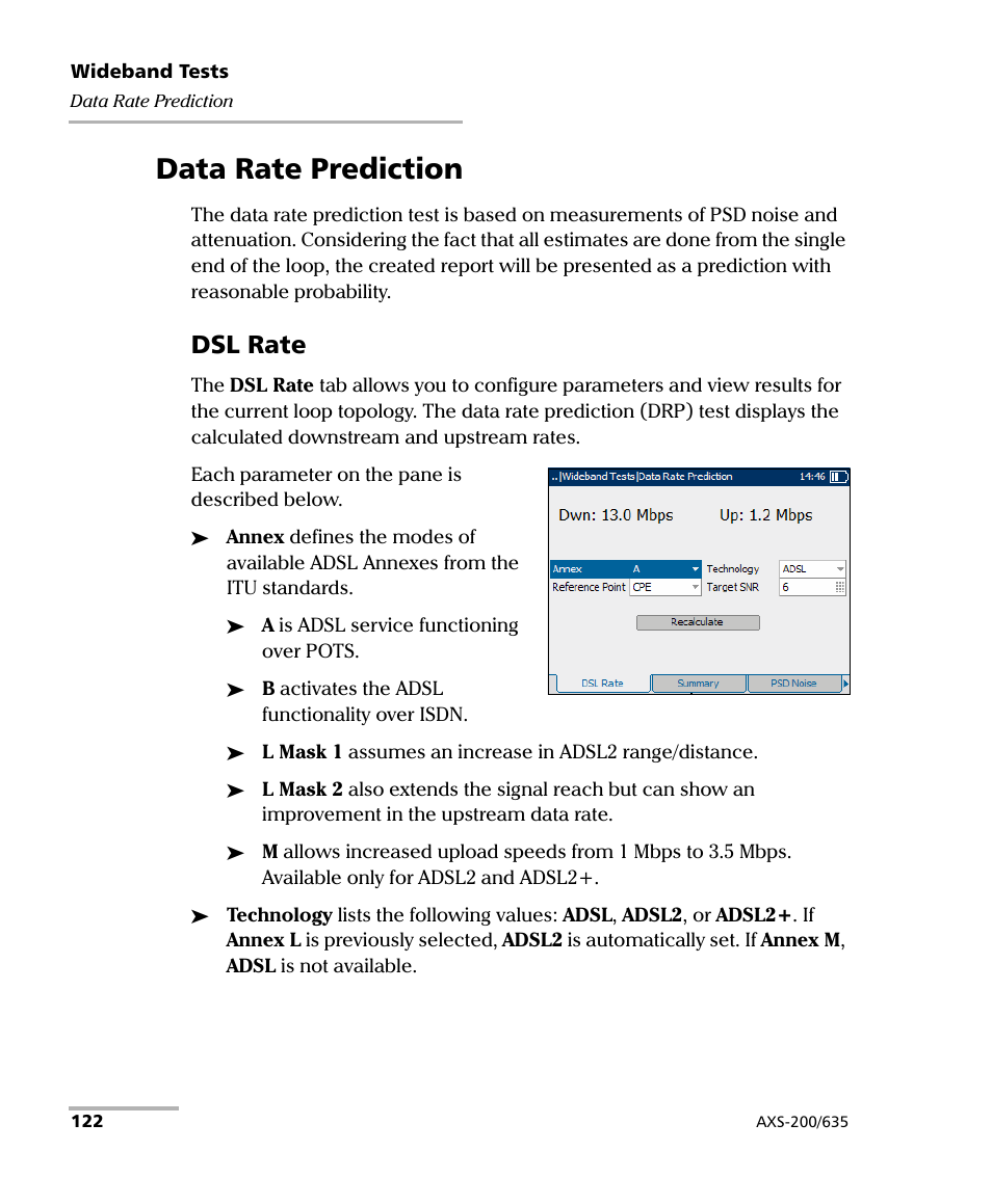 Data rate prediction, Dsl rate | EXFO VDSL2 User Manual | Page 130 / 267