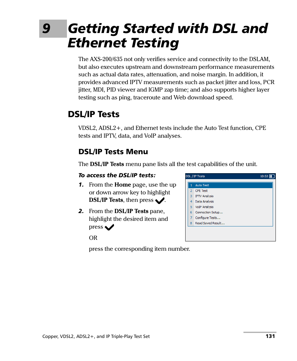 9 getting started with dsl and ethernet testing, Dsl/ip tests, 9getting started with dsl and ethernet testing | EXFO VDSL2 User Manual | Page 139 / 267