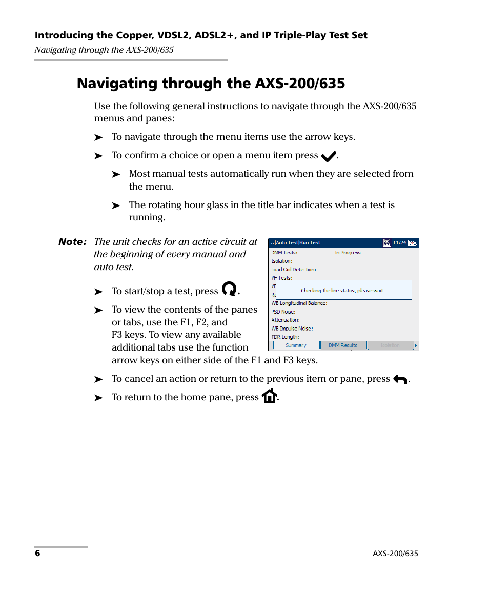 Navigating through the axs-200/635 | EXFO VDSL2 User Manual | Page 14 / 267
