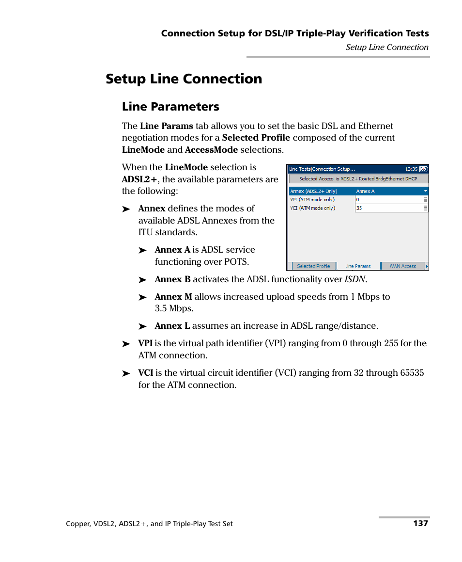 Setup line connection, Line parameters | EXFO VDSL2 User Manual | Page 145 / 267