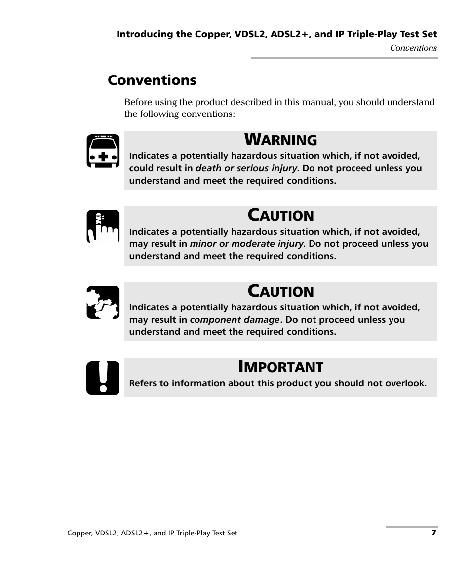 Conventions, Arning, Aution | Mportant | EXFO VDSL2 User Manual | Page 15 / 267