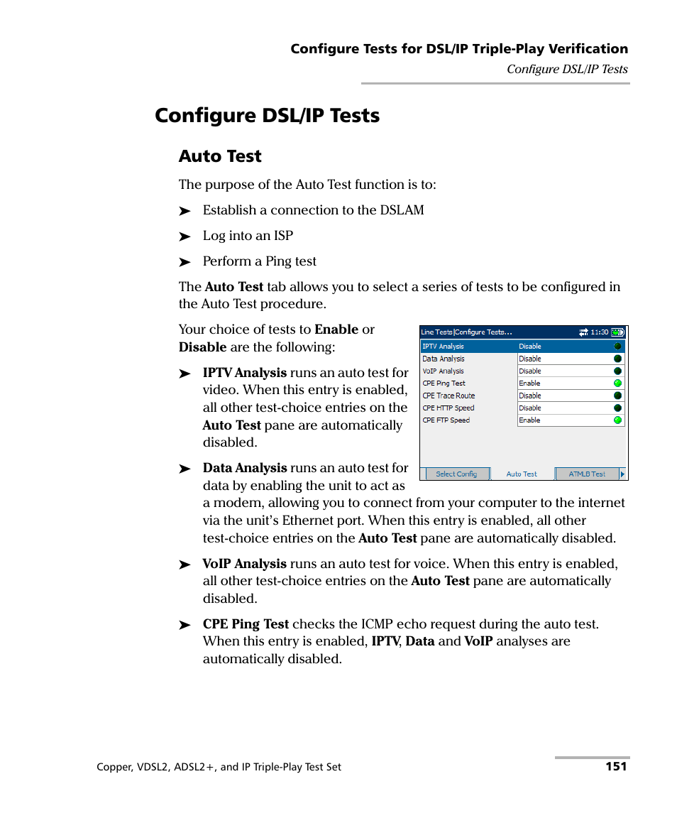 Configure dsl/ip tests, Auto test | EXFO VDSL2 User Manual | Page 159 / 267