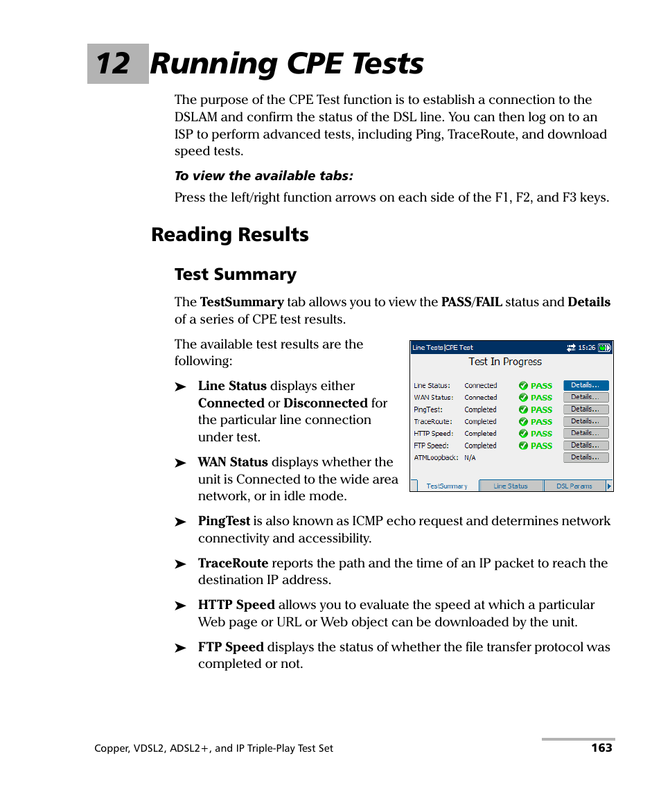 12 running cpe tests, Reading results, Test summary | EXFO VDSL2 User Manual | Page 171 / 267