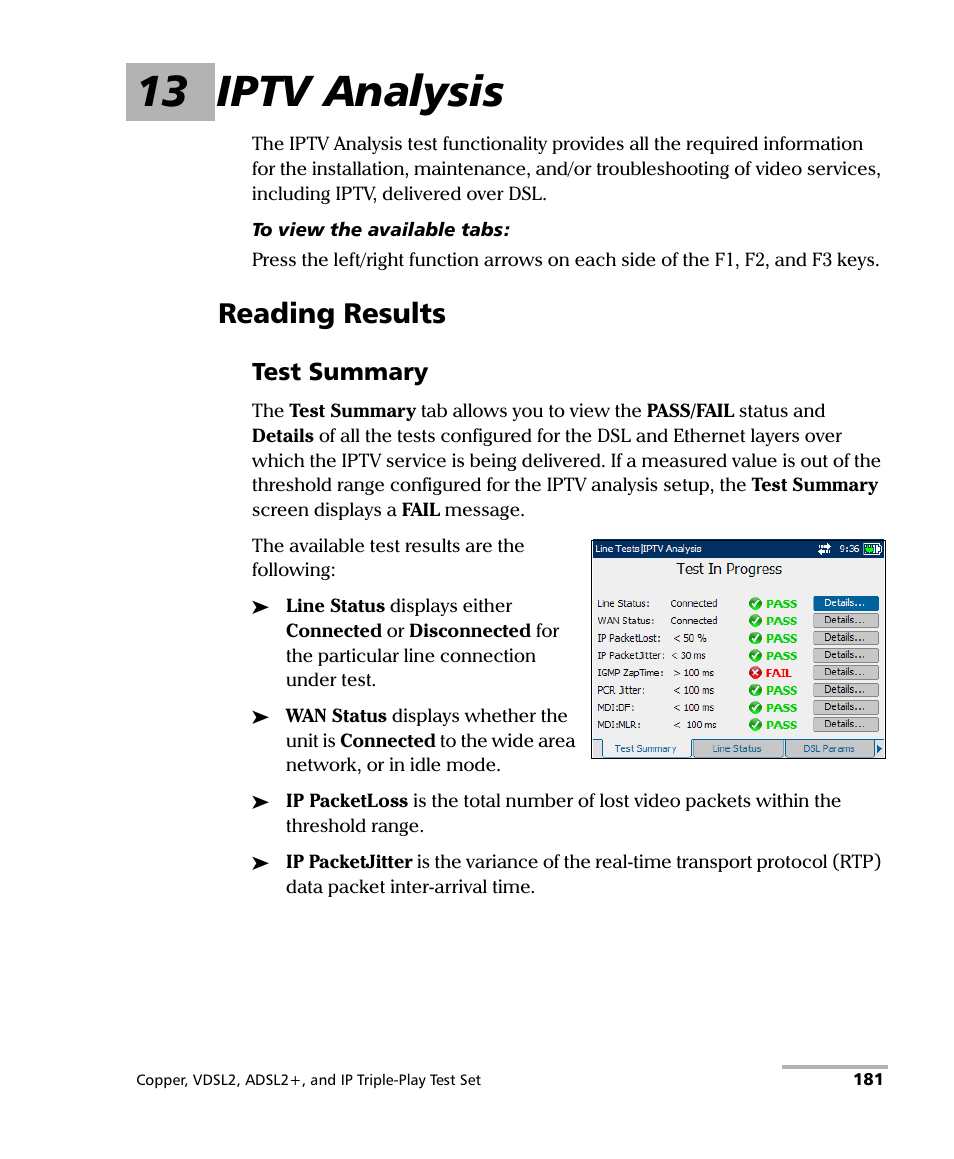 13 iptv analysis, Reading results, Test summary | EXFO VDSL2 User Manual | Page 189 / 267
