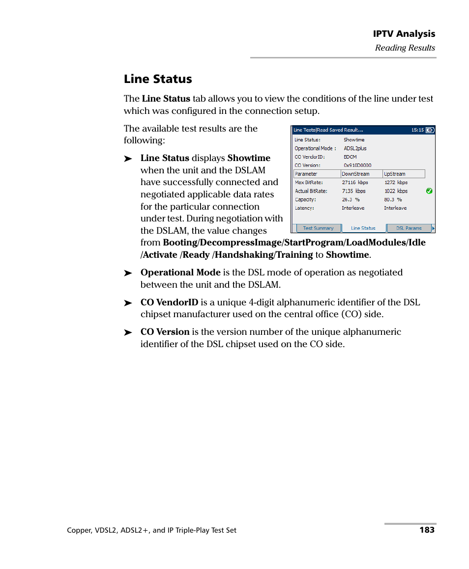Line status | EXFO VDSL2 User Manual | Page 191 / 267