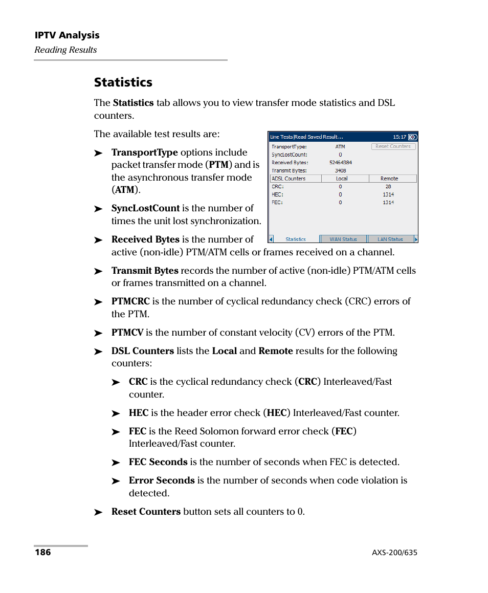 Statistics | EXFO VDSL2 User Manual | Page 194 / 267
